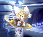 2_tails blue_eyes car chest_tuft city extreme_gear eyewear fur goggles mail multi_tail open_mouth tail tuft vehicle white_body white_fur yellow_body yellow_fur alcyoneax sega sonic_riders sonic_the_hedgehog_(series) miles_prower canid canine fox human mammal