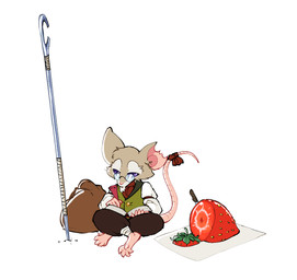 anthro ascot bag bottomwear bow_ribbon clothed clothing crossed_legs elderly elderly_anthro elderly_male eyebrows eyewear fluffy_eyebrows food formal_wear fruit fur glasses improvised_weapon journal knife leg_wraps male medieval mousepunk notched_ear pants pince-nez pink_tail plant purple_eyes rodent_tail sack sewing_needle sitting sitting_on_ground solo staff strawberry suit_vest tail tan_body tan_fur thick_eyebrows torn_ear wraps writing_utensil akamaruburningred long_shadows the_merchant_(long_shadows) mammal mouse murid murine rodent
