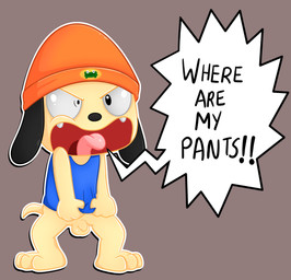 anthro balls beanie bottomless bottomless_male clothed clothing flaccid foreskin genitals hat headgear headwear humanoid_genitalia humanoid_penis male open_mouth penis shirt simple_background solo tank_top topwear unretracted_foreskin young young_anthro k_vicko parappa_the_rapper sony_corporation sony_interactive_entertainment parappa canid mammal absurd_res hi_res