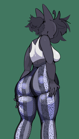 accessory anthro big_butt bottomwear bra breasts butt butt_focus butt_grab clothing eyeless female floral_pattern floral_print grey_body hair hair_accessory hair_tie hand_on_butt hand_on_own_butt head_tuft high_waisted_bottomwear leggings legwear looking_at_viewer low-angle_view medium_breasts noseless pattern_clothing pattern_legwear polka_dots rear_view smile smiling_at_viewer solo sports_bra striped_clothing striped_legwear stripes thick_thighs three-quarter_view tied_hair tight_bottomwear tight_clothing tuft underwear white_bra white_clothing white_underwear wide_hips kethra forbidden_pants kethra_(character) unknown_species absurd_res hi_res portrait shaded three-quarter_portrait