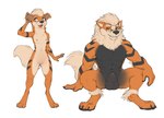 2019 3_toes animal_genitalia anthro anthrofied arcanine balls black_body black_fur black_nose blonde_hair breasts duo ear_piercing eyewear feet female fur generation_1_pokemon genital_piercing genitals glasses growlithe hair larger_male male multicolored_body multicolored_fur muscular muscular_male navel nintendo nipples nude open_mouth orange_body orange_fur paws piercing pokemon pokemon_(species) pokemorph sheath simple_background size_difference small_breasts smaller_female smile standing tan_body tan_fur teeth toes tongue white_background zaush
