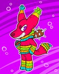 ambiguous_gender anthro bat_(object) blue_markings border chibi circle_eyebrows ear_tuft eyebrows feet green_markings handpaw hindpaw holding_object holding_weapon markings narrowed_eyes nude orange_markings pawpads paws pinata pink_body pink_pawpads purple_background purple_eyes red_nose simple_background snout solo sparklefur spiked_bat superflat tail toothy_grin tuft weapon white_border yellow_markings maligaytor fiesta_(maligaytor) animate_inanimate canid canine living_pinata mammal 2018 4:5 absurd_res digital_drawing_(artwork) digital_media_(artwork) flat_colors full-length_portrait hi_res paint_tool_sai_(artwork) portrait