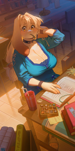 4_fingers 4_toes anthro big_breasts biped blush book bookshelf bottomwear box_of_chocolates breasts broom brown_body brown_fur brown_hair candy chair chocolate choker claws cleaning_tool cleavage clothed clothed_anthro clothed_female clothing container dessert drinking_straw feet female finger_claws fingers food footwear front_view fully_clothed fully_clothed_anthro fully_clothed_female fur furniture hair inside jewelry lamp library long_ears long_hair natural_breasts necklace object_in_mouth on_chair orange_eyes shoes sitting sitting_on_chair solo table toes topwear aruurara sophia_(aruurara) lagomorph leporid mammal rabbit 2025 absurd_res digital_media_(artwork) hi_res