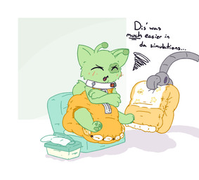 3_fingers 3_toes ambiguous_gender antennae_(anatomy) anthro baby_wipes blush blush_lines bodily_fluids button_(fastener) claws clean_diaper clothed clothing crossed_arms dialogue diaper diaper_under_clothing diaper_under_onesie ellipsis feces feet finger_claws fingers folded_diaper frustrated fur genital_fluids green_antennae green_body green_fur green_inner_ear green_pawpads green_tail onesie open_mouth orange_onesie pawpads pooping potty robotic_arm sitting snaggle_tooth snapsuit soiled_diaper soiling soiling_diaper solo spacesuit tail text three-quarter_view toes unclean_diaper urine used_diaper using_diaper wearing_diaper wet_diaper wetting wetting_diaper zipper boredomwithfriends glee_glorp_(boredomwithfriends) alien felid feline mammal 2026 english_text full-length_portrait hi_res portrait