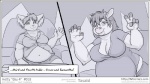 anthro belly big_belly big_breasts bovid bovine breasts canid canine claws clothed clothing comic dialogue duo english_text faf female fox gesture hand_gesture mammal monochrome overweight speech_bubble teeth text url v_sign