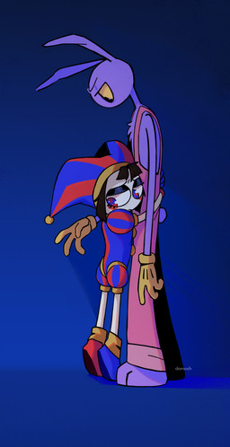 anthro blush clothed clothing duo female fool's_hat hat headgear headwear hug jester male overalls purple_body sad size_difference standing domoshk glitch_productions the_amazing_digital_circus jax_(tadc) pomni_(tadc) human lagomorph leporid mammal rabbit 2026 absurd_res hi_res