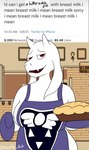 anthro apron apron_only big_breasts breasts clothed clothing count dessert dialogue_box female food fur holding_food holding_object holding_pie horn long_ears mature_anthro mature_female mostly_nude number pastry pie red_eyes repeated_text slightly_chubby smile smirk solo text time timestamp white_body white_fur ereptile_art i_mean_breast_milk undertale undertale_(series) toriel bovid caprine goat mammal digital_media_(artwork) english_text meme