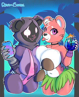 anthro areola beverage big_breasts bikini black_nose breast_squish breasts choker clothing coconut_bra duo empty_eyes eye_scar eyelashes facial_scar female front_view fur head_tuft holding_beverage holding_object huge_breasts jewelry leaf_skirt looking_at_viewer navel necklace obscured_face one-piece_swimsuit open_mouth open_smile pink_bikini pink_body pink_clothing pink_eyes pink_fur pink_swimwear purple_areola purple_body purple_fur purple_hood scar sling_bikini smile squish swimwear thick_thighs tongue tongue_out tuft two-piece_swimsuit white_body white_eyes white_fur wide_hips raviolisnake epic_games fortnite cuddle_team_leader raven_team_leader bear mammal hi_res