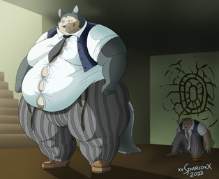 after_fight anthro belly blood blood_on_face blue_clothing blue_topwear bodily_fluids bottomwear clothing duo fingers footwear fur grey_bottomwear grey_clothing grey_pants male narrowed_eyes necktie overweight overweight_anthro pants pattern_bottomwear pattern_clothing pattern_pants shadow standing striped_bottomwear striped_clothing striped_pants stripes topwear white_clothing white_topwear xxsparcoxx beastars legoshi_(beastars) riz_(beastars) bear brown_bear canid canine canis mammal ursine wolf 2022 absurd_res hi_res