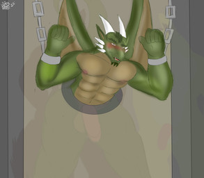 abs anal anal_penetration anthro blush bound chain chained genitals green_body green_eyes green_scales group horn humanoid_genitalia humanoid_penis male male/male nipples penetration penis scales sex through_wall wings huskrblight mythology dragon mythological_creature mythological_scalie scalie 2022 absurd_res hi_res