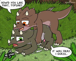 anal anal_penetration blush bodily_fluids cum cum_inside dialogue feral genital_fluids genitals male male/male outside penetration penis sex tricerotops young pokefound dinosaur prehistoric_species reptile scalie hi_res