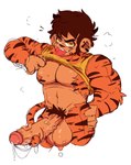 anthro balls biceps big_balls big_penis bodily_fluids bottomless brown_hair clothed clothing clothing_lift fur genital_fluids genitals hair huge_balls huge_penis hyper hyper_balls hyper_genitalia hyper_penis looking_at_viewer male muscular nipples orange_body orange_fur pecs penis precum pubes shirt shirt_lift simple_background solo striped_body striped_fur stripes sweat sweatdrop tongue tongue_out topwear triceps vein veiny_penis white_background yellow_clothing yellow_eyes yellow_shirt yellow_topwear akachionmain tiger_monkey_(akachi) felid haplorhine hybrid mammal monkey pantherine primate tiger hi_res