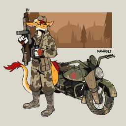 anthro belt belt_pouch binoculars boots bottomwear camo camo_bottomwear camo_clothing camo_jacket camo_pants camo_print clothing combat_boots ears_up footwear forest forest_background gun hair hat headgear headwear holding_binoculars holding_gun holding_object holding_ranged_weapon holding_rifle holding_weapon long_tail looking_aside male military military_clothing motorcycle nature nature_background pants pattern_bottomwear pattern_clothing pattern_pants plant ranged_weapon red_hair rifle russian shoes solo soviet_union standing tail tree vehicle weapon wearing_hat white_hair mawkvlt red_army 1:1 hi_res