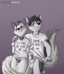 anthro balls blush bodily_fluids bottomless clothed clothing cum cum_inside duo female genital_fluids genitals male penis pussy romantic romantic_couple shirt shy t-shirt topwear katxfish i'm_full_of_cum canid canine canis domestic_dog mammal absurd_res hi_res