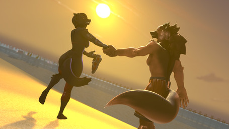 anthro beach black_body black_fur black_sclera brown_body brown_fur clothing eye_contact female footwear fur group hand_holding holding_object intraspecies long_tail looking_at_another male male/female outside running seaside shoes smile sneakers sunset swimming_trunks swimwear tail wolfikous petruz_(modeler) brown_(wolfikous) crimson_(wolfikous) wolf_(petruz) canid canine canis mammal wolf 16:9 3d_(artwork) digital_media_(artwork) hi_res source_filmmaker_(artwork) widescreen