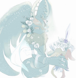 ambiguous_gender antares_(kirby_and_the_forgotten_land) anthro antlers biped blade bouquet chest_tuft clothing colored_nails digit_ring dress eyelashes eyes_closed fingernails flower flower_in_fur fluffy fluffy_tail fur head_wings holding_bouquet holding_flower holding_object horn huge_wings jewelry mostly_nude_anthro mouthless multicolored_body multicolored_fur nails neck_tuft plant purple_fingernails purple_nails ring simple_background solo tail tan_body tan_fur teal_body teal_fur three-quarter_view tuft unusual_wing_placement wedding_dress wedding_ring white_background white_flower wings gemini_kirby kirby_(series) nintendo fecto_elfilis alien chinchilla chinchillid mammal rodent starling_(kirby) digital_drawing_(artwork) digital_media_(artwork) digital_painting_(artwork) painting_(artwork) portrait three-quarter_portrait