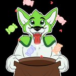 1:1 alpha_channel anthro black_eyebrows black_nose bodily_fluids candy canid canine dessert digital_media_(artwork) drooling eyebrows fidget_the_fox food fox fur green_body green_eyes green_fur hair halloween happy heart_symbol holidays kwik_(artist) male mammal paws pivoted_ears saliva simple_background smile solo telegram telegram_sticker tongue tongue_out white_body white_fur