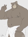 anthro belly blush facial_scar gesture hand_gesture male missing_eye musclegut muscular navel nipples pecs scar smile solo towel v_sign harumuname mihoyo zenless_zone_zero ben_bigger bear mammal hi_res