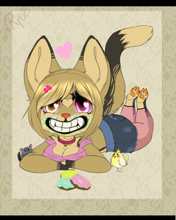 anthro bell breasts butt chibi clothing collar dessert dipstick_ears domestic_pet doughnut ear_markings female feral food fur grin group hair heterochromia legwear looking_at_viewer lying multicolored_body multicolored_ears multicolored_fur on_front orange_nose orange_pawpads pastry pawpads simple_background smile stockings tan_body tan_fur tan_hair teeth xredpandax tsukiko_hanako_(character) avian bird chinchilla chinchillid cougar domestic_cat felid feline felis mammal parrot rodent 4:5 digital_media_(artwork) hi_res