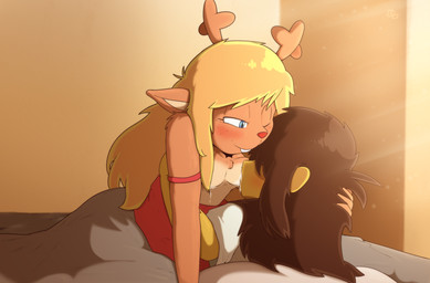 ambiguous_gender ambiguous_human anthro antlers bed bedding bedroom bedroom_eyes blanket blonde_hair blush bodily_fluids breast_play breast_suck breastfeeding breasts brown_hair buckteeth clothing duo female female/ambiguous female_on_human freckles furniture hair holding_head holding_partner horn human_on_anthro interspecies lactating long_hair male male/female milk narrowed_eyes nightgown one_eye_closed pillow red_nose romantic seductive shirt small_breasts smile sucking teeth topwear white_clothing white_shirt white_topwear bingbingo deltarune undertale_(series) kris_dreemurr noelle_holiday deer human mammal new_world_deer reindeer 2025 colored detailed digital_drawing_(artwork) digital_media_(artwork) hi_res signature