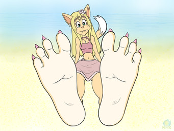 4_toes accessory anthro barefoot big_ears biped blonde_hair bottomwear claws clothing ear_piercing fangs feet female flower flower_in_hair foot_focus hair hair_accessory headband humanoid_feet long_hair long_tail paws piercing plant plantigrade shirt skirt smile soles solo tail teeth toe_claws toes topwear mintymousyx_(artist) domestic_cat felid feline felis mammal 4:3 source_request