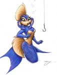 anthro female hook simple_background solo surprise water white_background megan_giles fish marine 2001