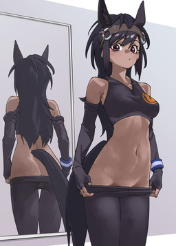 5_fingers accessory animal_ears arm_warmers armwear athletic bangs black_clothing black_gloves black_hair black_handwear bottomwear bottomwear_pull bra breasts brown_body brown_eyes brown_skin butt camel_toe clothed clothed_female clothing clothing_pull collarbone commando exposed exposed_butt exposed_shoulder eyebrow_through_hair eyebrows eyelashes female fingerless_gloves fingers front_view gloves grey_background hair hair_accessory hairband halter handwear horse_ears horse_tail human_ears inner_ear_fluff japari_symbol legwear long_hair long_tail looking_at_viewer looking_down medium_breasts midriff mirror multi_ear multicolored_hair navel no_underwear pants pants_pull ponytail pulling_pants_down rear_view side_bangs simple_background solo sports_bra standing tail thigh_gap tight_bottomwear tight_clothing tight_pants translucent translucent_hair tuft two_tone_hair underwear undressing undressing_self wristband tanabeai kemono_friends seal_brown_horse_(kemono_friends) animal_humanoid equid equid_humanoid equine equine_humanoid horse horse_humanoid humanoid mammal mammal_humanoid 2026 colored digital_drawing_(artwork) digital_media_(artwork) half-length_portrait hi_res portrait shaded