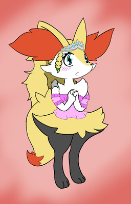anthro blue_eyes blush bow_ribbon clothing crown dress female hair headgear inner_ear_fluff princess royalty solo tail tiara tuft rayoshi_(artist) nintendo pokemon braixen generation_6_pokemon pokemon_(species) hi_res