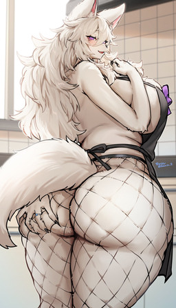 anthro apron apron_only big_breasts big_butt black_apron black_clothing black_nails breasts butt butt_grab clothing colored_nails curvy_figure female fishnet_clothing fishnet_leggings fishnet_legwear fluffy fluffy_hair fur hair hand_on_butt hand_on_own_butt huge_breasts huge_butt kemono leggings legwear long_hair looking_at_viewer mature_anthro mature_female mostly_nude_anthro mostly_nude_female nails pink_eyes solo standing tail white_body white_fur wide_hips suurin_2 cattleya_mari canid canine canis mammal wolf hi_res