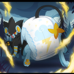 4_toes ambiguous_gender big_diaper black_body black_fur black_tail blue_body blue_fur bodily_fluids butt butt_focus clean_diaper clothed clothing cloud diaper diaper_only electricity feet feral forest forest_background fur grass huge_diaper leg_markings lightning lightning_bolt looking_back markings nature nature_background open_mouth pawpads plant red_nose red_sclera snaggle_tooth socks_(marking) solo striped_body striped_fur stripes surprised sweat tail toes topless tree wearing_diaper yellow_body yellow_eyes yellow_fur yellow_inner_ear yellow_pawpads yellow_stripes jupiters nintendo pokemon generation_4_pokemon luxray pokemon_(species) 1:1 full-length_portrait hi_res letterbox portrait