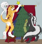 ambiguous_gender black_body black_fur christmas_tree digitigrade duo fur holidays plant tree white_body white_fur yellow_body yellow_fur wolfyakuga christmas alpha_(alphacrow) tass_(tassy) felid hybrid liger lion mammal mephitid pantherine skunk digital_media_(artwork) hi_res