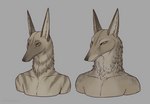 anthro brown_body brown_fur brown_nose duo fur long_neck male simple_background striped_body striped_fur stripes tall_ears tan_body tan_fur yellow_eyes patecko rhyn_(species) bust_portrait hi_res portrait tagme