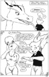 anthro black_and_white comic desiree_(jmh) dialogue dragon english_text felid female group james_m_hardiman lizard male mammal monochrome mythological_creature mythological_scalie mythology pen_(artwork) reptile scalie shayla_(disambiguation) simple_background size_difference tail text tom_(jmh) tongue traditional_media_(artwork) ups_and_downs white_background