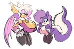 anthro big_breasts big_tail breast_tuft breasts cheek_tuft chest_tuft cleavage clothed clothing duo ear_piercing facial_tuft female fluffy fluffy_tail gloves handwear huge_breasts huge_tail membrane_(anatomy) membranous_wings piercing pink_nose simple_background tail tuft white_background wings solratic sega sonic_the_hedgehog_(series) sonic_x tiny_toon_adventures warner_brothers fifi_la_fume rouge_the_bat bat mammal mephitid skunk crossover