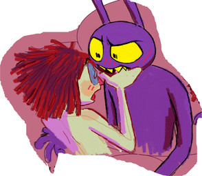anthro black_eyes blush blush_lines button_(fastener) doll duo female hair long_ears male male/female nude purple_ears rag_doll_(toy) red_hair red_nose red_tongue sharp_teeth teeth tongue yellow_sclera yellow_teeth light-koe-pinsky glitch_productions the_amazing_digital_circus jax_(tadc) ragatha_(tadc) animate_inanimate humanoid lagomorph leporid living_doll living_toy mammal rabbit hi_res