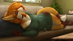 anthro bottomwear brown_body brown_eyelids brown_fur clothing detailed_background duo extreme_size_difference eyes_closed female fur furniture glistening_eyelids hand_on_hip lying male male/female micro on_side open_mouth orange_body orange_fur pants pillow shirt sitting size_difference sleeping sofa table topwear white_body white_fur allsonwa autumn_(praexon) canid canine fox mammal mouse murid murine rodent hi_res