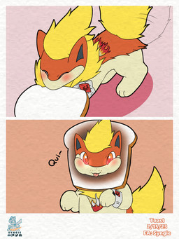 bite_mark bread crumbs feral food fusion pokemon_fusion toast syngie nintendo pokemon ember_(simon) eeveelution flareon generation_1_pokemon generation_2_pokemon hybrid_pokemon pokemon_(species) quilava 3:4 comic hi_res