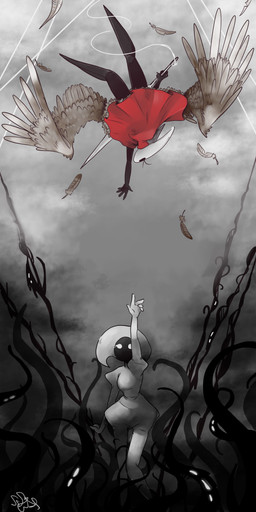 2_horns 5_fingers biped black_eyes cloak clothed clothing duo empty_eyes eyelashes feathered_wings feathers female fingers holding_melee_weapon holding_object holding_weapon horn melee_weapon red_cloak red_clothing spoiler spread_wings thread weapon white_body white_eyes wings ssleepyflowers hollow_knight:_silksong hollow_knight_(franchise) team_cherry hornet_(hollow_knight) lace_(hollow_knight:_silksong) void_(hollow_knight) arachnid arthropod humanoid spider 1:2 2026 absurd_res digital_media_(artwork) hi_res signature