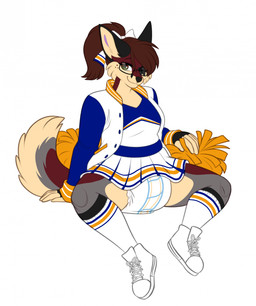 abdl accessory anthro bottomwear bow_ribbon brown_hair cheerleader cheerleader_outfit clothed clothing diaper diaper_under_clothing diaper_under_skirt eyewear female footwear glasses green_eyes hair hair_accessory hair_bow hair_ribbon jacket knee_highs knee_socks legwear letterman_jacket ponytail ribbons shoes skirt sneakers socks solo topwear wearing_diaper wetness_indicator white_clothing white_diaper white_footwear white_shoes white_sneakers minettefraise abena powhatan nova_(noverz) canid canine canis fox hybrid mammal wolf hi_res