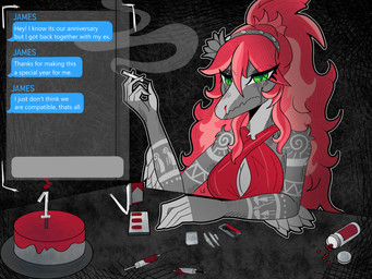 anthro arm_tattoo blood bodily_fluids bra breasts cake candle cellphone cigarette clothed clothed_anthro clothed_female clothing cocaine crying cutaway depression dessert drug_abuse drugs elbow_feathers electronics female fire food front_view furniture green_eyes grey_body hair heartbroken holding_cigarette holding_object long_hair looking_down medium_breasts non-mammal_breasts nosebleed phone pill_bottle pills razor_blade red_bra red_clothing red_hair red_underwear sad shoulder_tattoo sitting sling_bra smartphone smoke solo speech_bubble syringe table tattoo tears text texting_ui underwear gothgator0 cavemanon_studios volcaldera_ashfall ashley_(volcaldera_ashfall) dinosaur dromaeosaurid prehistoric_species reptile saurischian scalie theropod velociraptor absurd_res english_text hi_res restricted_palette