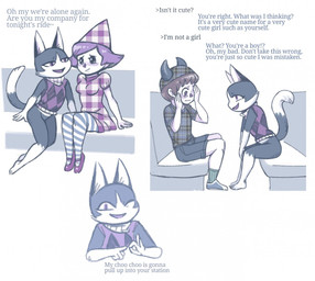 anthro arms_bent blue_body blue_fur blush bottomless bottomless_anthro bottomless_male breasts brown_hair clothed clothed_female clothed_human clothed_male clothing dialogue dipstick_tail exclamation_point eye_contact feet female female_human flirting footwear fully_clothed fully_clothed_female fully_clothed_human fully_clothed_male fur gesture gloves_(marking) group hair hand_on_face hat headgear headwear humanoid_feet interrobang leg_markings legwear light_body light_skin looking_at_another looking_at_viewer male male_human markings mouth_closed multicolored_body multicolored_fur one_eye_closed open_mouth open_smile pattern_clothing pattern_legwear pattern_shirt pattern_thigh_highs pattern_topwear pink_hair plaid plaid_clothing plaid_shirt plaid_topwear plantigrade question_mark seductive sex_gesture shirt shoes sitting smile smiling_at_viewer socks socks_(marking) striped_clothing striped_legwear striped_thigh_highs stripes suggestive suggestive_gesture tail tail_markings talking_to_another text thigh_highs topwear topwear_only trio white_body white_fur wink winking_at_viewer reality_undoer animal_crossing nintendo rover_(animal_crossing) villager_(animal_crossing) domestic_cat felid feline felis human mammal 2019 digital_drawing_(artwork) digital_media_(artwork) english_text multiple_images