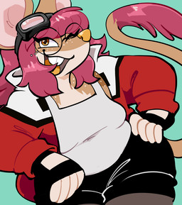 anthro bangs belly big_belly big_ears bottomwear buckteeth clothing eyewear female freckled_chest freckled_face freckles glasses gloves goggles hair hand_on_hip handwear jacket leggings legwear multicolored_body obese obese_female one_eye_closed orange_eyes overweight overweight_female red_hair round_glasses shorts smile solo tail tail_tuft teeth tongue toony topwear tuft vest wide_hips wink yellow_nose yellow_tongue ricket tyzias mammal mouse murid murine rodent