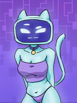 anthro bra breasts choker clothing female for_a_head jewelry machine mascot navel necklace panties purple_background purple_bra purple_choker purple_clothing purple_jewelry purple_necklace purple_panties purple_underwear screen screen_face simple_background solo tail underwear white_body white_eyes white_mouth white_tail unknown_artist sferum chatty_(max) robot 3:4 hi_res