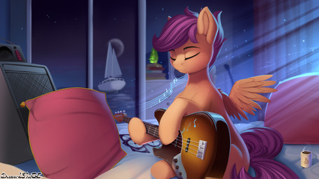 bass_guitar blurred_background boat detailed_background eyes_closed feathered_wings feathers female female_feral feral guitar hair inside musical_instrument pillow plucked_string_instrument sailing_boat sailing_watercraft solo string_instrument vehicle watercraft wings discordthege friendship_is_magic hasbro my_little_pony mythology scootaloo_(mlp) equid equine mammal mythological_creature mythological_equine pegasus 16:9 2019 colored digital_media_(artwork) digital_painting_(artwork) hi_res painting_(artwork) widescreen