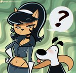 2024 accessory anthro artist_name black_clothing black_hair black_thong black_underwear blush breasts canid canine canis cleavage clothed clothing crop_top cropped_jacket digital_media_(artwork) domestic_cat domestic_dog draw_this_in_your_style dudley_puppy duo eyebrows felid feline felis female gloves hair half-length_portrait hand_on_hip handwear headband hi_res kitty_katswell male mammal midriff navel nickelodeon ogling parody portrait psicoyote question_mark raised_eyebrow shirt t.u.f.f._puppy tail text thong thong_straps three-quarter_portrait tongue tongue_out topwear twitter_handle underwear url white_clothing white_gloves white_handwear white_headband