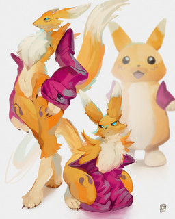 ;3 ambiguous_gender anthro arm_tuft armwear black_sclera blue_eyes bridal_gauntlets chest_tuft claw_toes claws clothing countershade_torso countershading dipstick_ears dipstick_tail ear_markings fluffy fur gloves_(marking) glowing glowing_eyes group hand_on_hip kneeling leg_markings markings multicolored_ears neck_tuft shoulder_tuft slim_anthro small_waist socks_(marking) tail tail_markings trio tuft white_body white_fur yellow_body yellow_fur yin_yang swiwwel bandai_namco digimon nintendo pokemon digimon_(species) generation_1_pokemon pikachu pokemon_(species) renamon 2026 4:5 absurd_res digital_drawing_(artwork) digital_media_(artwork) full-length_portrait hi_res portrait
