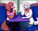 anthro breasts brown_body brown_fur chair duo female fur furniture looking_at_viewer restaurant sitting white_body white_fur danji-isthmus all_dogs_go_to_heaven don_bluth roadside_romeo laila_(roadside_romeo) sasha_la_fleur bird_dog canid canine canis domestic_dog hunting_dog irish_setter mammal saluki setter sighthound crossover digital_drawing_(artwork) digital_media_(artwork) hi_res