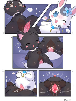5_panel_comic animal_genitalia animal_penis bed black_body black_fur blue_eyes blush blush_stickers bodily_fluids border cheek_tuft clitoral_hood clitoris cowgirl_position cum cum_in_vagina cum_inside cum_on_belly cum_on_body cum_string duo ear_piercing ear_ring ejaculation facial_tuft feet female female_feral female_penetrated feral feral_on_feral feral_penetrated feral_penetrating feral_penetrating_feral flower_on_head from_front_position front_view fur fur_tuft furniture genital_fluids genitals grey_body grey_eyes grey_fur head_back heart_reaction heart_symbol hearts_around_head high-angle_view hindpaw jewelry leg_markings licking licking_lips low-angle_view lying lying_on_bed male male/female male_feral male_penetrating male_penetrating_female markings monotone_body monotone_fur multicolored_body multicolored_fur necklace on_back on_bed on_bottom on_top open_mouth pawpads paws penetration penile penile_penetration penis penis_in_vagina piercing pink_penis quadruped ring_piercing sex shaking socks_(marking) spots spotted_body spotted_fur spread_vulva spreading sweat_emanata tapering_penis three_row_layout tongue tongue_out tremble_spikes trembling tuft two_tone_body two_tone_fur vaginal vaginal_penetration vulva white_body white_border white_fur zyuuniie ageam_(sylvtasticalsylveon) domestic_cat felid feline felis lagomorph leporid mammal rabbit 2026 3:4 absurd_res cel_shading comic digital_drawing_(artwork) digital_media_(artwork) hi_res shaded