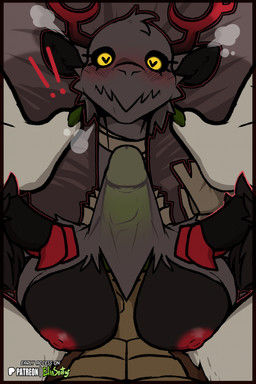 anthro anthro_on_anthro antlers areola biped blush breasts claws duo faceless_anthro faceless_character faceless_male female fingers fur genitals horn male male/female nipples nude nude_anthro nude_female nude_male penis text spiritelin elin_(psychorodent) mammal snatyr 2026 digital_drawing_(artwork) digital_media_(artwork) english_text hi_res