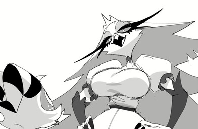 4_fingers angry anthro beak big_breasts blood bodily_fluids bow_tie bra breasts clothed clothing crown dress eyebrows female fingers freckles fur grey_body grey_fur grey_hair group hair headgear horn huge_breasts larger_female long_hair male nosebleed panties pupils red_sclera size_difference slit_pupils smaller_male tongue underwear white_body white_fur inker_comics adult_swim cartoon_network hazbin_hotel hellaverse helluva_boss mythology smiling_friends charlie_morningstar loona_(helluva_boss) moxxie_(helluva_boss) stella_(helluva_boss) canid canid_demon canine demon hellhound humanoid imp mammal mythological_canine mythological_creature owl_demon animated greyscale hi_res long_playtime monochrome sound spot_color video